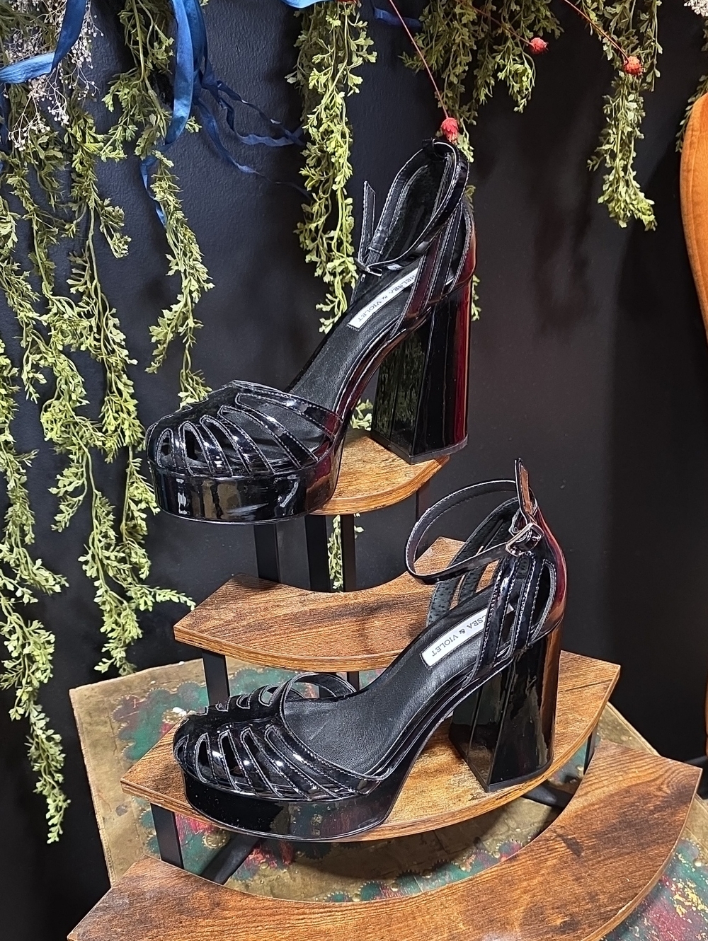 Chelsea & Violet Black Patent Platform Block Heel Sandals